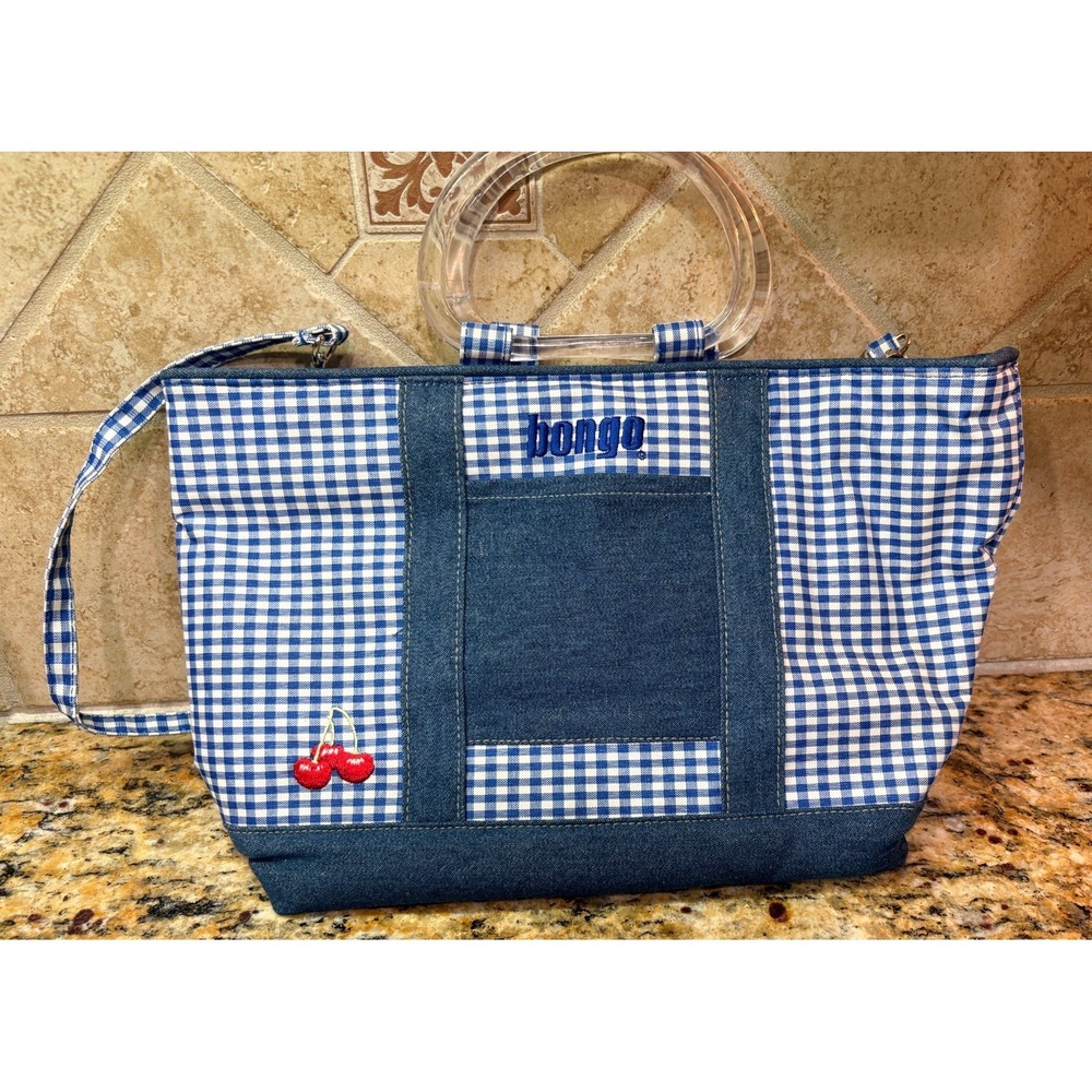 BONGO Blue & White Gingham Denim Medium Size Handbag, Stitched Cherry On Front.